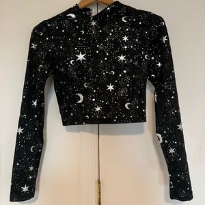 Dolls Kill Current Mood Black Cropped Top Stars And Moon Print Lace Up Back S